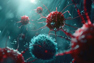 Nano Technology Macro Close-Up Nanobot Attacking Bacteria Virus Cells,Scientific Nanobot Battle Against Pathogens