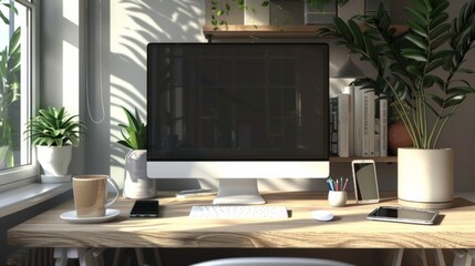 A computer monitor sits on a desk with a potted plant and a few books