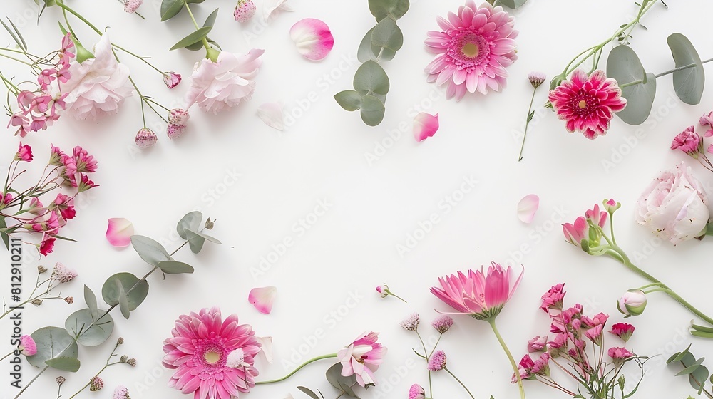 Poster flowers composition wreath made of various pink flowers and eucalyptus branches on white background 