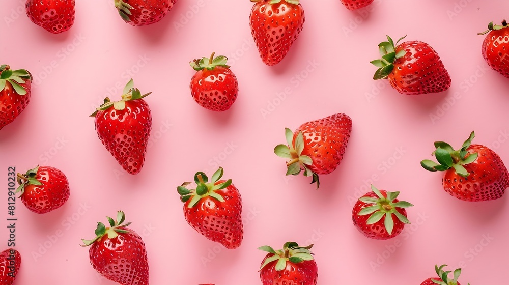 Poster Strawberry on pink background top view Berries pattern Strawberry flat lay on  pink background : Generative AI