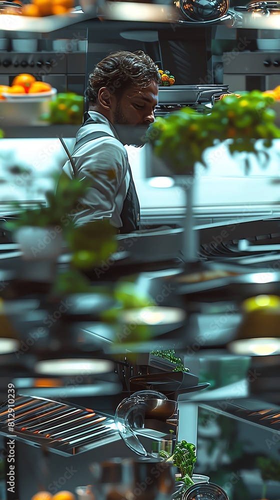 Poster showcase a mesmerizing, photorealistic 3d rendering of a chef engaging with futuristic kitchen gadge