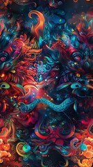 Render mythical beings in vibrant colors against a backdrop of neon lights