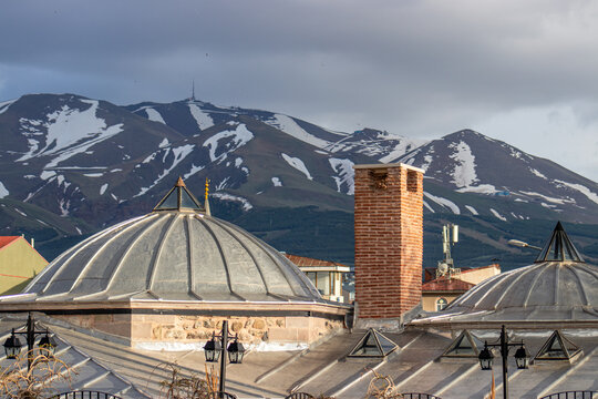 Erzurum Hanim Hamami or lady's bath with Palandoken Mountain view