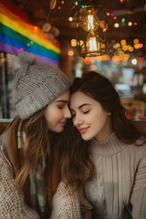 Obraz premium In this warm and intimate portrait, two women are depicted close together, sharing a tender moment of affection against a backdrop featuring a rainbow flag