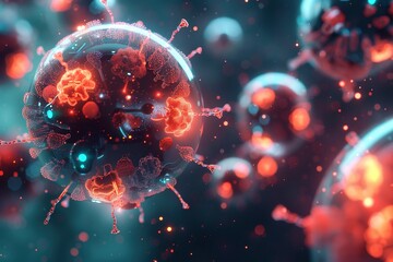 Nano Technology Macro Close-Up Nanobot Attacking Bacteria Virus Cells,Scientific Nanobot Battle Against Pathogens