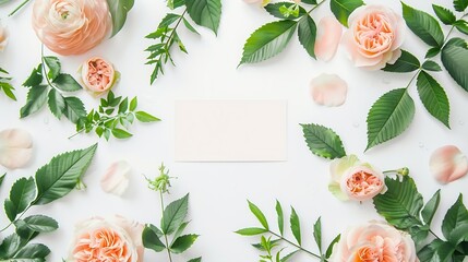 Creative layout made of flowers and leaves with paper card note Flat lay Nature concept : Generative AI
