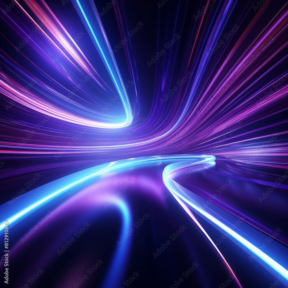 Poster swirling streaks of purple and blue lights illuminate a dark background, creating a dynamic and capt