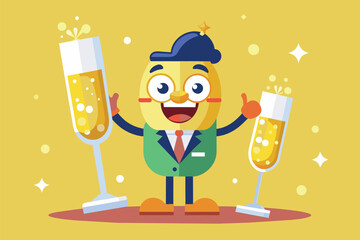 A cartoon character cheerfully holds two glasses of champagne in a celebratory gesture, Champagne toast Customizable Cartoon Illustration