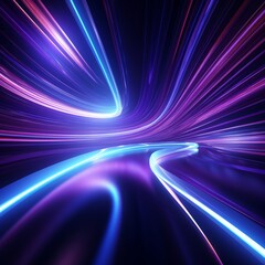 Swirling streaks of purple and blue lights illuminate a dark background, creating a dynamic and captivating visual display