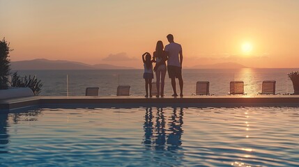 A happy family on summer holidays stands by the swimming pool and enjoys the beautiful sunset behind the mediterranean sea in Greece : Generative AI