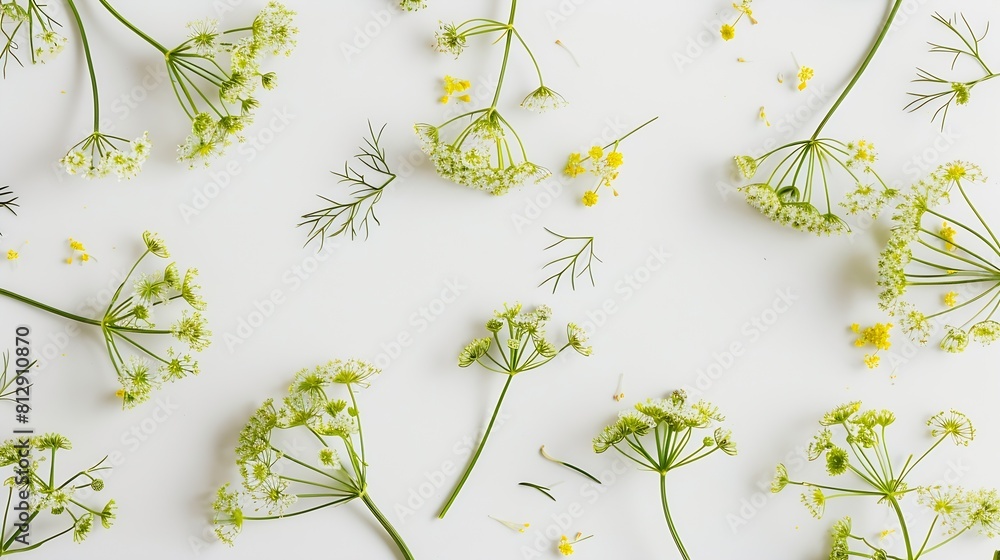 Poster flowering umbrella flowers of dill on a white background top view flat lay creative layout : generat