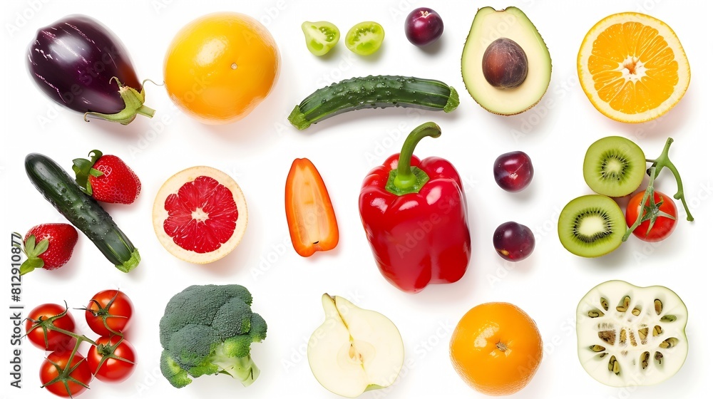 Poster frame from various vegetables and fruits isolated on white background top view creative flat layout 