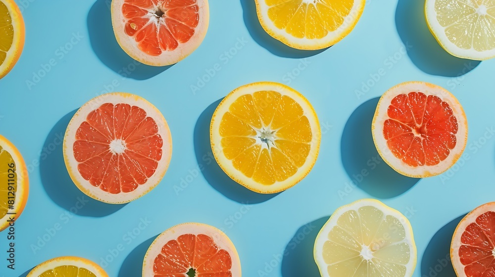 Aufkleber Colorful fruit pattern of fresh orange and grapefruit slices on blue background From top view : Generative AI