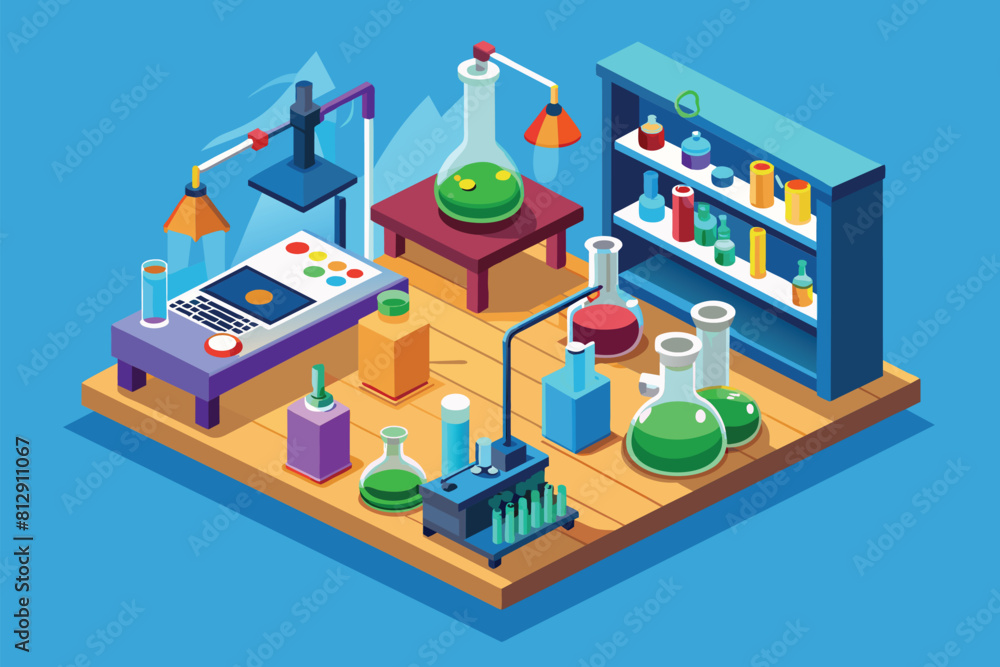 Poster a man in a lab coat conducts a science experiment in a laboratory setting, chemist customizable isom