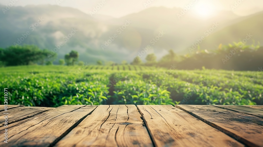 Aufkleber Wooden table top on blur green tea mountain and grass fieldFresh and Relax conceptFor montage product display or design key visual layoutView of copy space : Generative AI