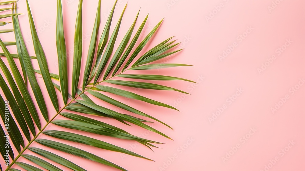 Poster green tropical palm leaf lie on the soft pink background copy space top view sand color summer tropi