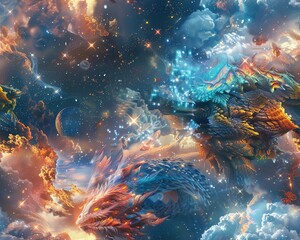 Obraz premium Immerse in a surreal world where mythical creatures in side view meet the wonders of space exploration