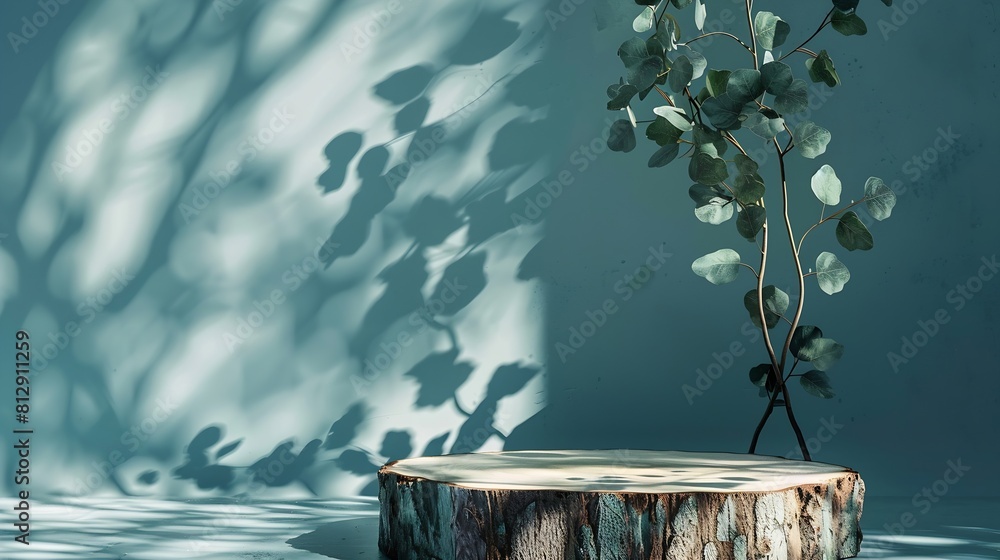 Poster Abstract empty Wood slice podium with eucalyptus leaves and shadows on blue background Mock up stand for product presentation 3D Render Minimal concept Advertising template : Generative AI