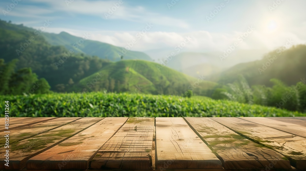 Poster Wooden table top on blur green tea mountain and grass fieldFresh and Relax conceptFor montage product display or design key visual layoutView of copy space : Generative AI