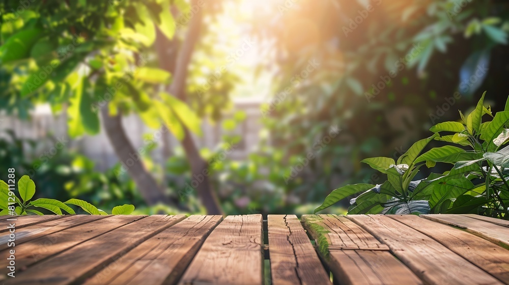 Poster Empty wood table top on blur abstract green garden from window view in the morning For montage product display or design key visual layout : Generative AI