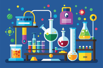 Various types of flasks are arranged on a lab table, showcasing a diverse range of scientific vessels, Chemistry lab Customizable Semi Flat Illustration