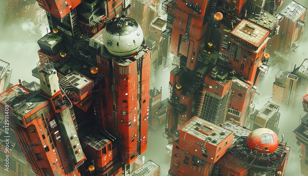 Poster capture a futuristic dystopian cityscape from a birds eye view, showcasing a stark contrast of chaos