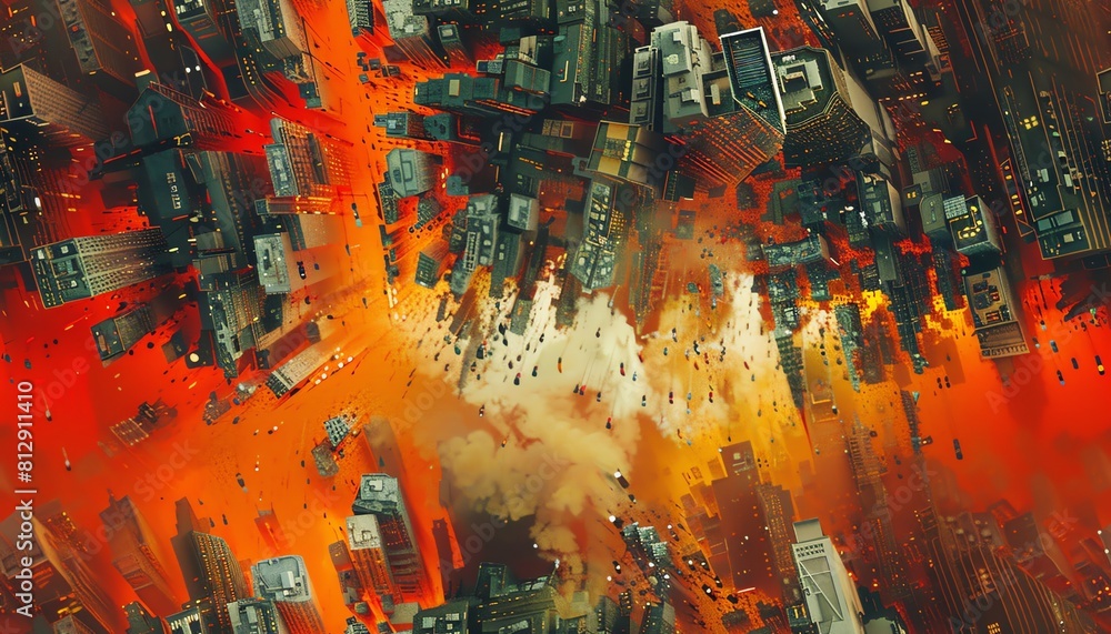 Poster capture a futuristic dystopian cityscape from a birds eye view, showcasing a stark contrast of chaos