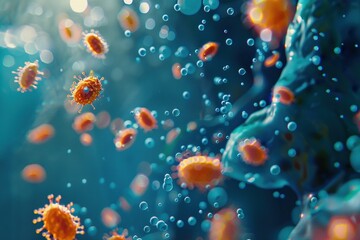 Fototapeta premium Nano Technology Macro Close-Up Nanobot Attacking Bacteria Virus Cells,Scientific Nanobot Battle Against Pathogens