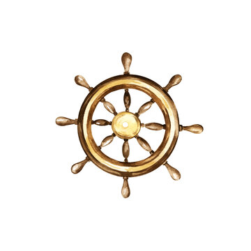 recommend clip art: wooden vintage brown steering wheel of a boat or ship, illustration of old grunge vessel, yacht circle rudder isolated on white background, for adventures card and blogs