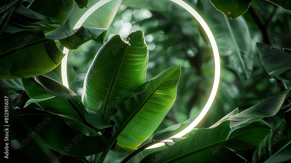 Poster beautiful and fresh green leaves with circle neon light creative nature background image for seasona