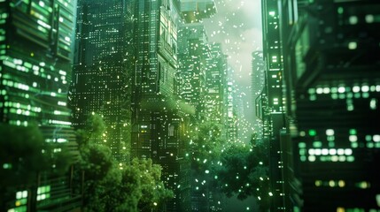 A cityscape with a green forest in the middle