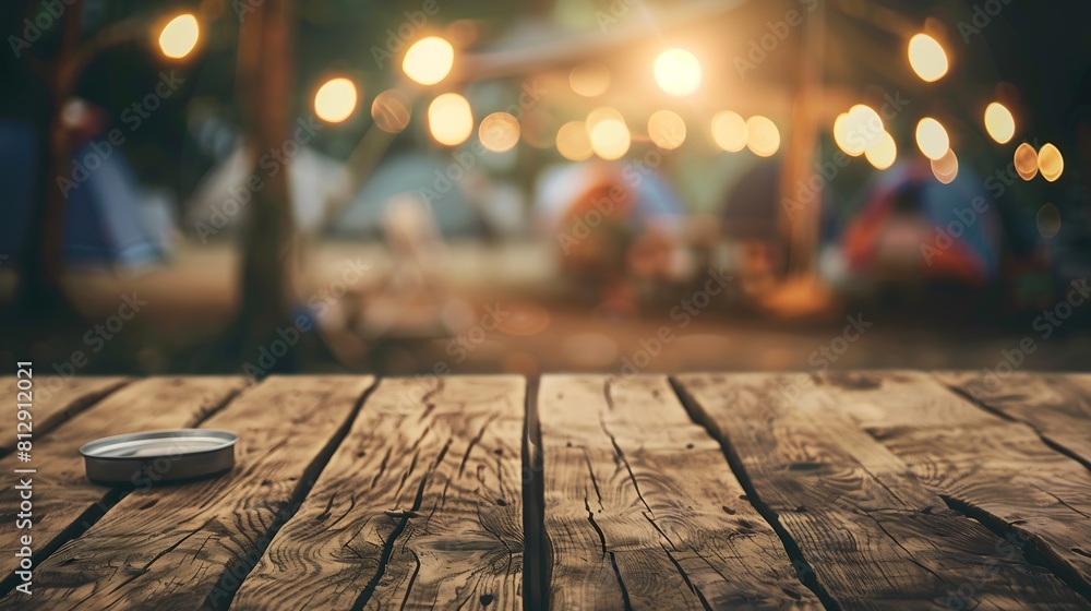 Aufkleber wooden table top on blur tent camping travel tent at nightdrink and party conceptfor montage product