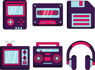 Device electronic set retro 90s flat design illustration