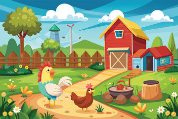 Fototapeta premium A rooster surrounded by chickens in a lively farm scene, Chicken farm Customizable Disproportionate Illustration