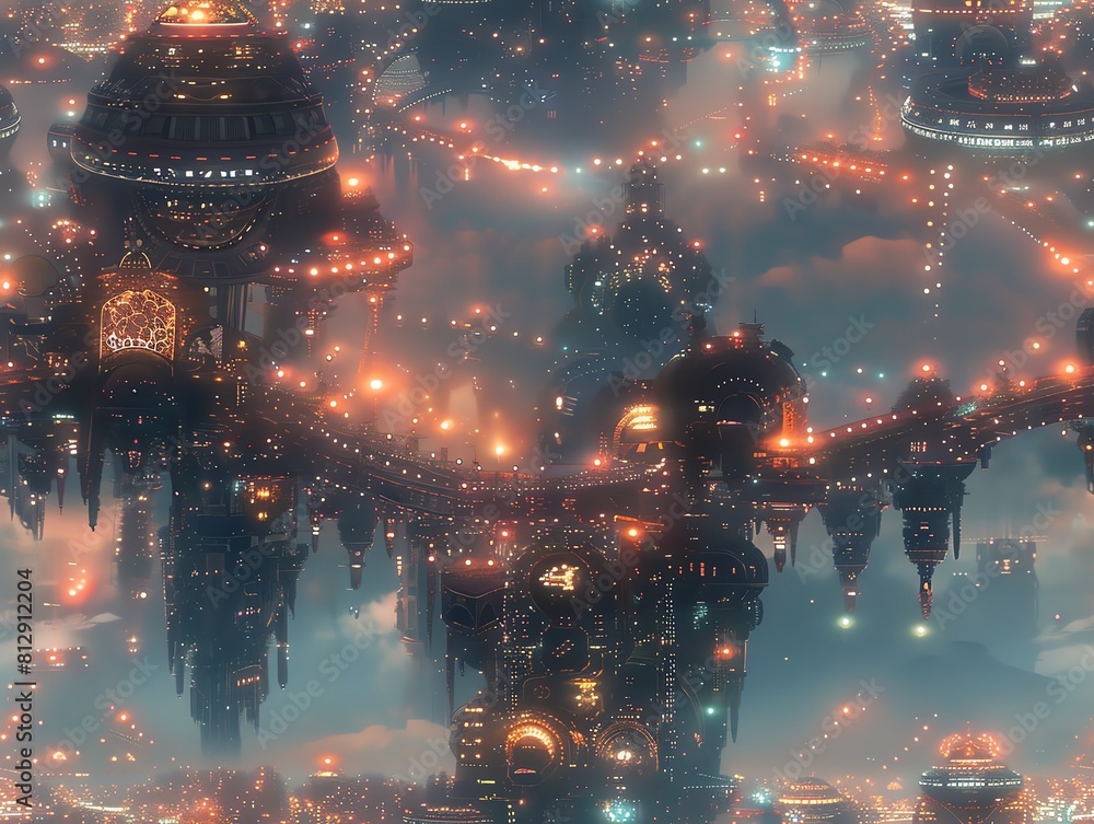 Aufkleber capture the high-angle view of a futuristic cityscape intertwining with romantic elements, using cg 