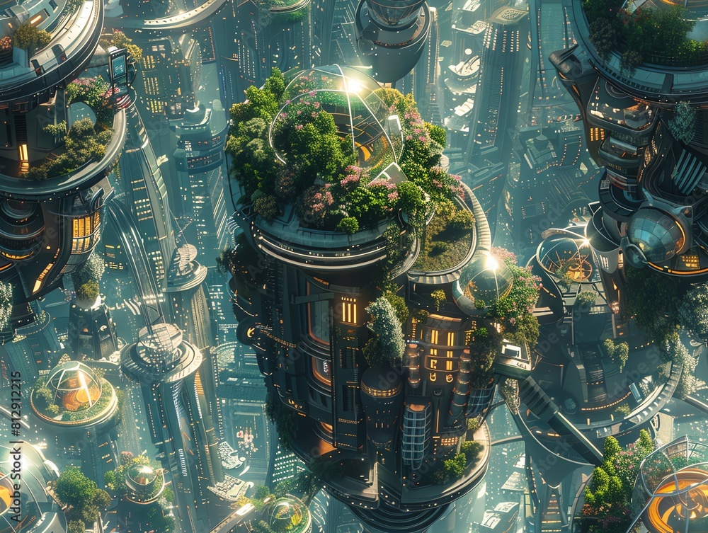 Poster capture the high-angle view of a futuristic cityscape intertwining with romantic elements, using cg 