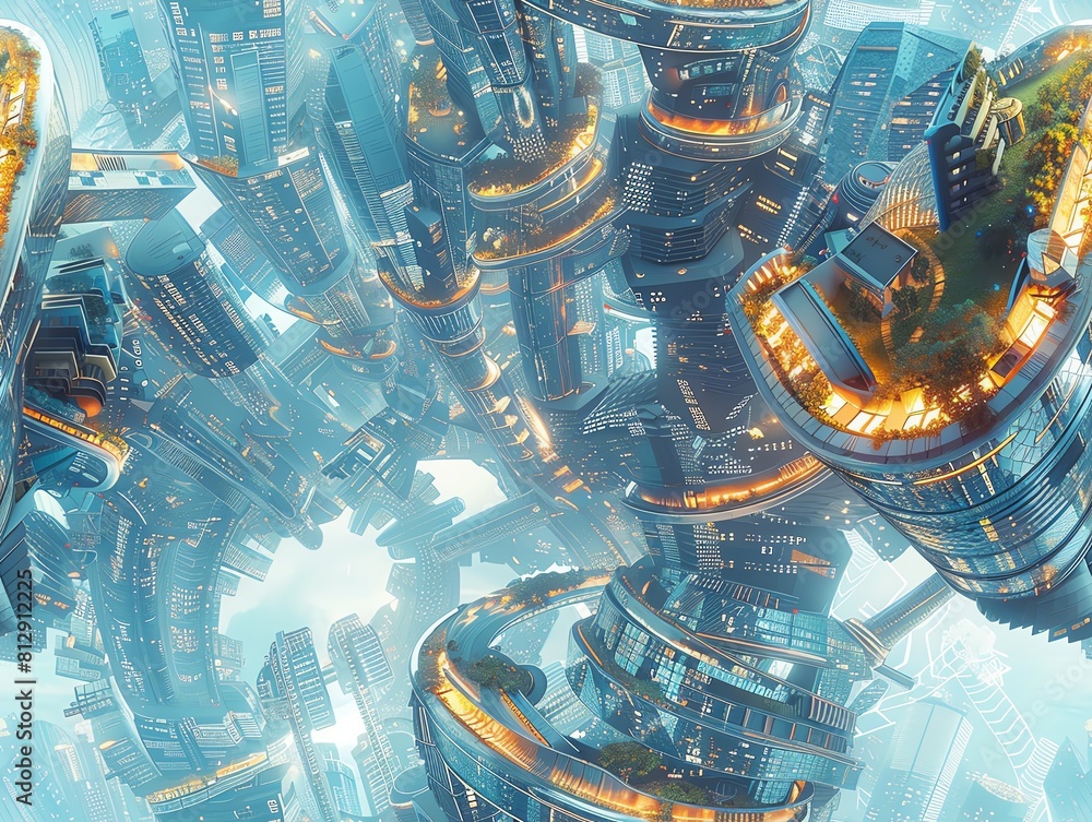 Poster capture the high-angle view of a futuristic cityscape intertwining with romantic elements, using cg 