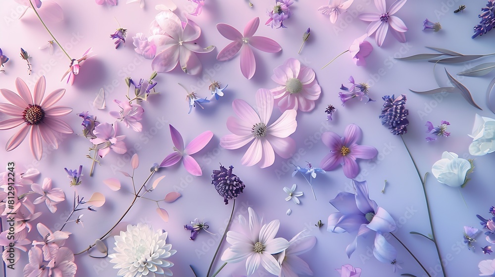 Poster creative layout made of various flowers flat lay nature background : generative ai