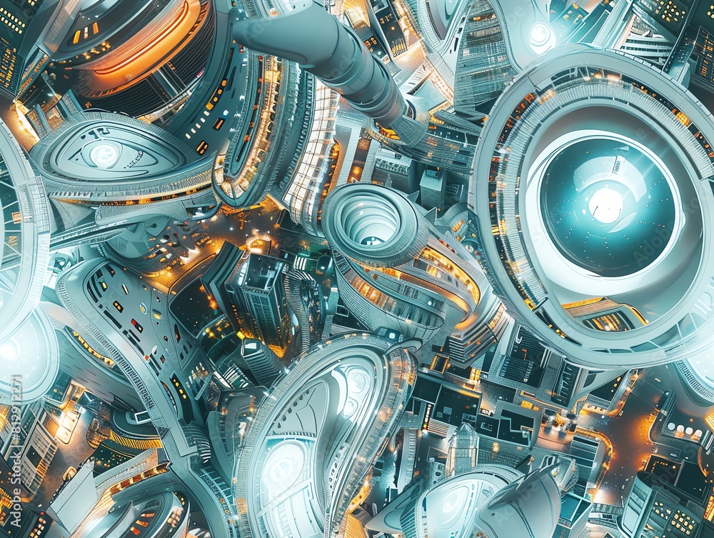 Poster capture the high-angle view of a futuristic cityscape intertwining with romantic elements, using cg 