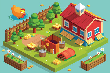 Fototapeta premium A small farm featuring a red barn with a matching red roof, Chicken farm Customizable Isometric Illustration