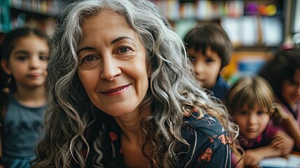 Obraz premium Beuatiful charismatic senior woman teacher with grey hair in classroom with kids