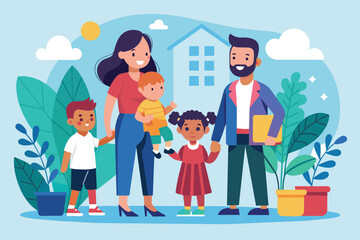 A family consisting of parents and children standing together in front of a residential house, Child adoption Customizable Flat Illustration