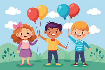 Children happily playing in a field, each holding colorful balloons, Children with balloons Customizable Cartoon Illustration