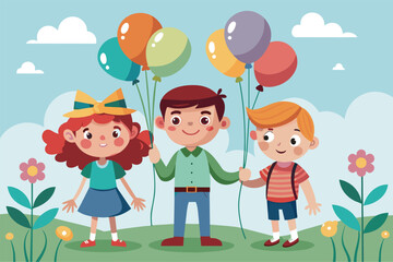 Fototapeta premium A boy and a girl are standing together, each holding colorful balloons in their hands, Children with balloons Customizable Disproportionate Illustration