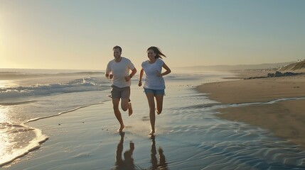 happy couple running on the beach : Generative AI