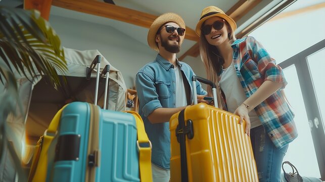 Go on an adventure Happy couple preparing for the journey Young people are packing suitcases for the trip : Generative AI