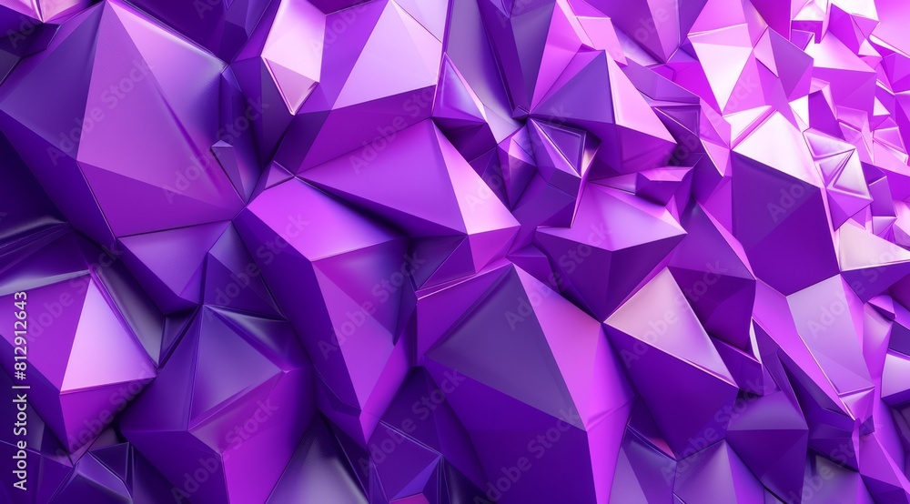 Poster striking abstract pattern composed of sharp geometric shapes in various shades of purple, creating a