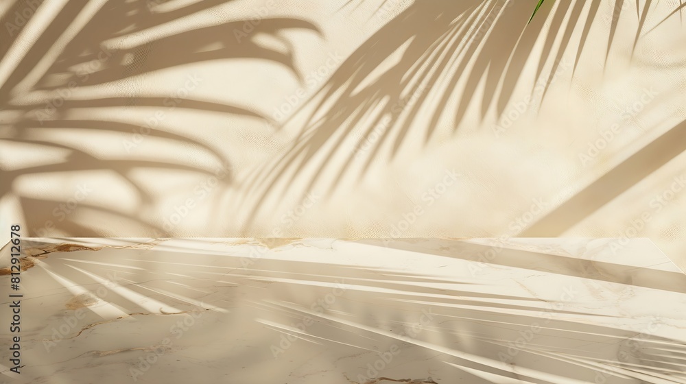 Aufkleber tropical palm tree shadow on cream wall and luxury marble table for product placement natural layout