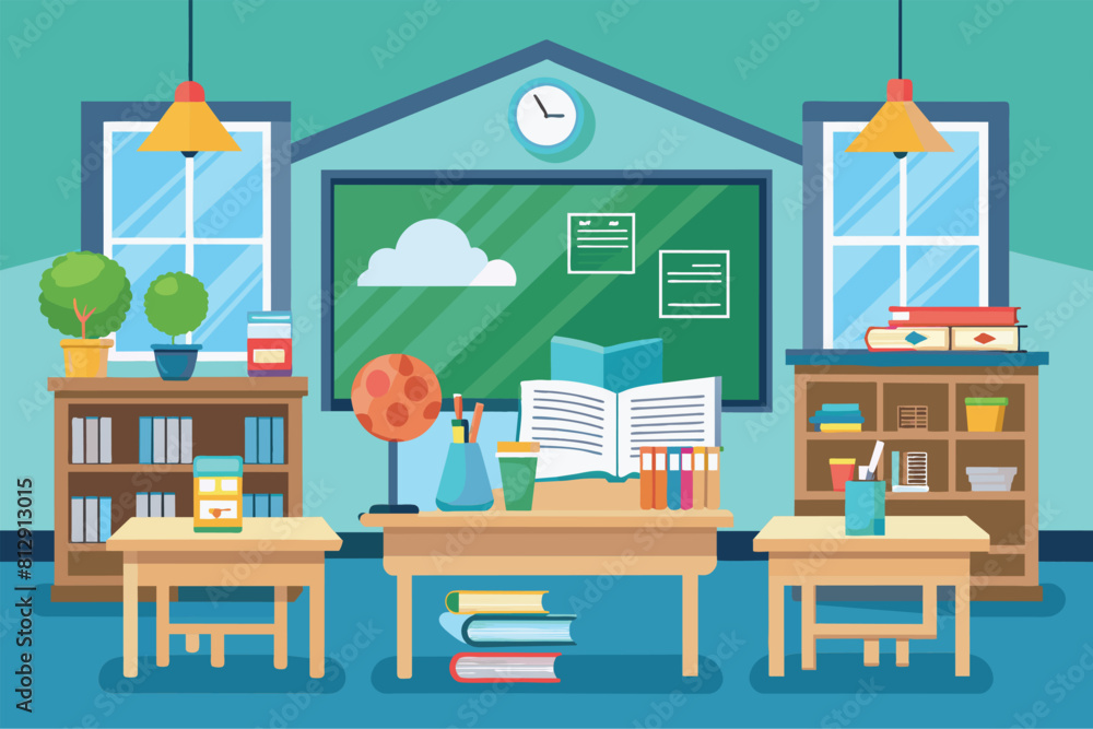 Poster a classroom setting with a desk containing books and a clock on the wall, classroom customizable sem