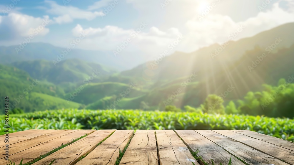 Aufkleber Wooden table top on blur green tea mountain and grass fieldFresh and Relax conceptFor montage product display or design key visual layoutView of copy space : Generative AI